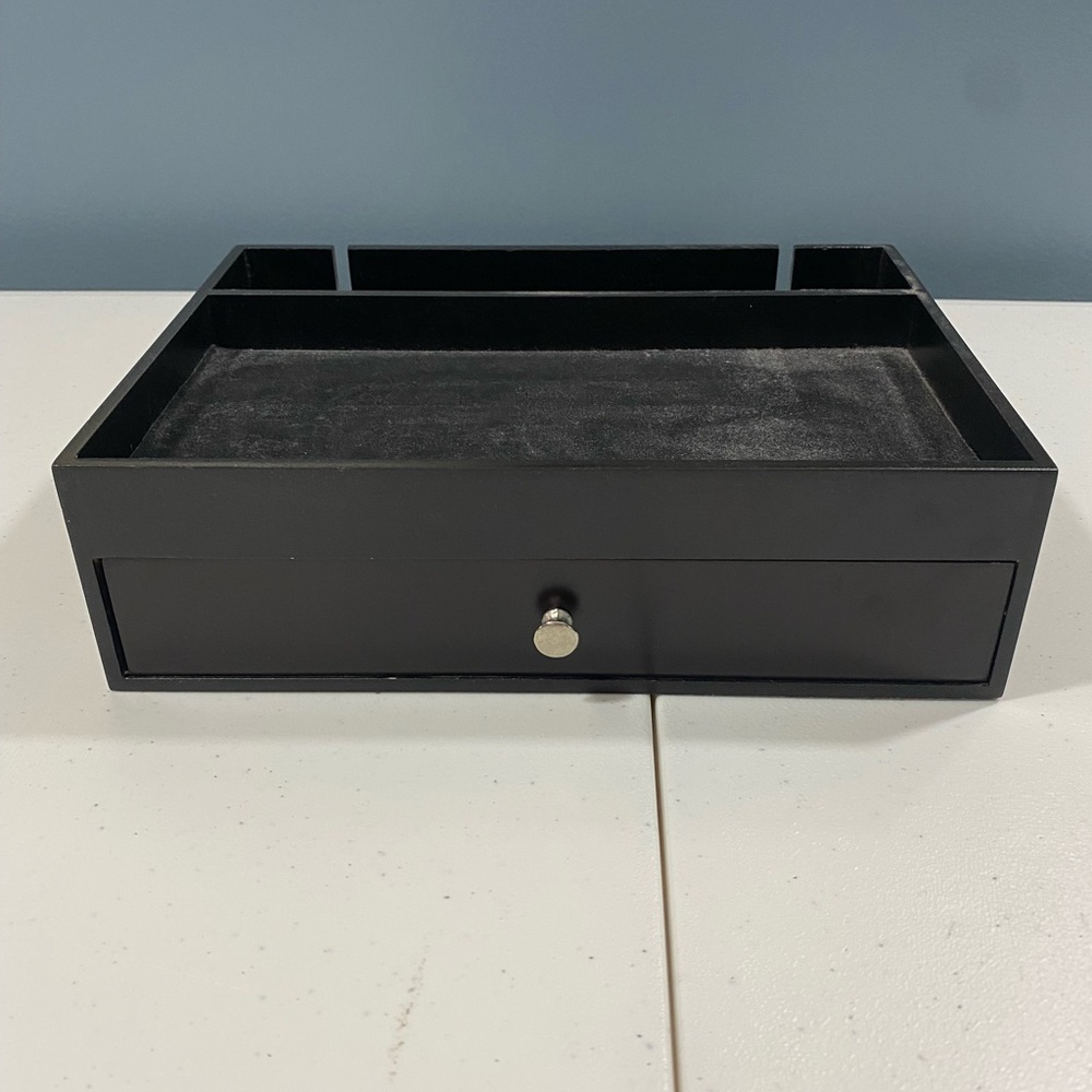 - Jewelry box, dark wood, pull Out draw and extra storage